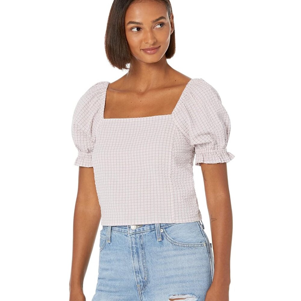 NWOT Madewell Seersucker Hopewell Puff-Sleeve Crop Top in Plaid Pit to pit 19"